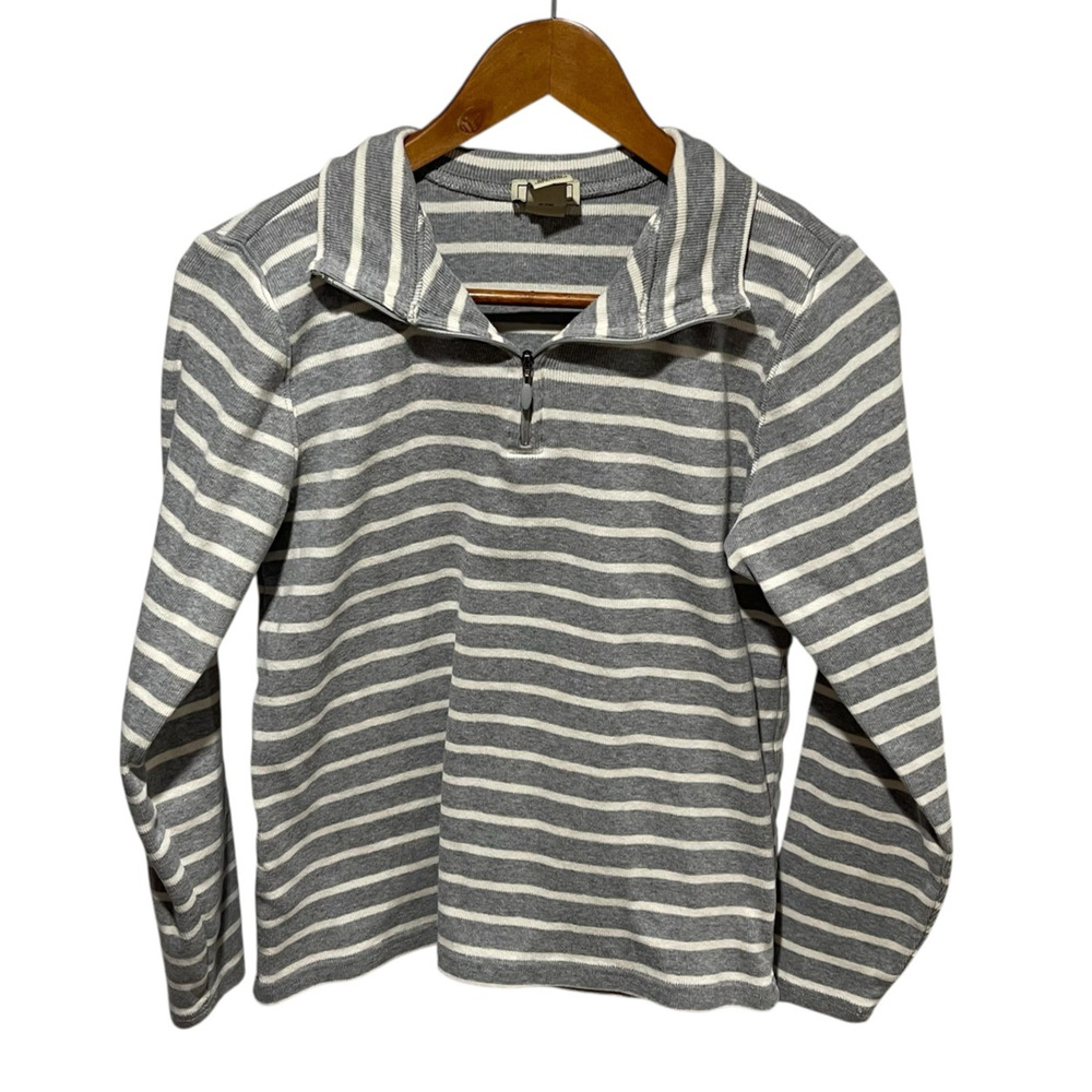 LL Bean Pullover Womens Medium Gray‎ White Striped Half Zip Collar Casual Top
